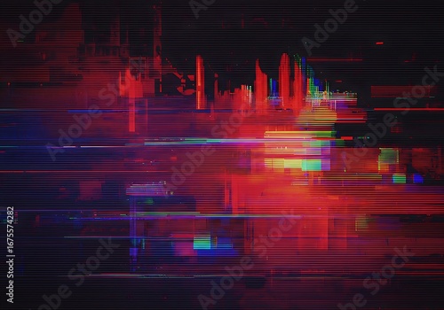 Abstract digital glitch art design background with vibrant red and blue color distortions, creating a modern futuristic urban landscape effect
