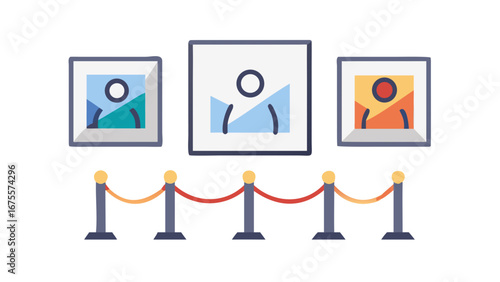 Three framed abstract portraits displayed in an art gallery with stanchions and velvet ropes creating a viewing barrier