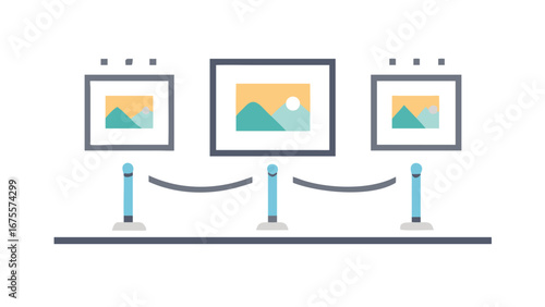 Vector illustration of a museum exhibition with three framed landscape artworks displayed on a wall with stanchions and rope barriers
