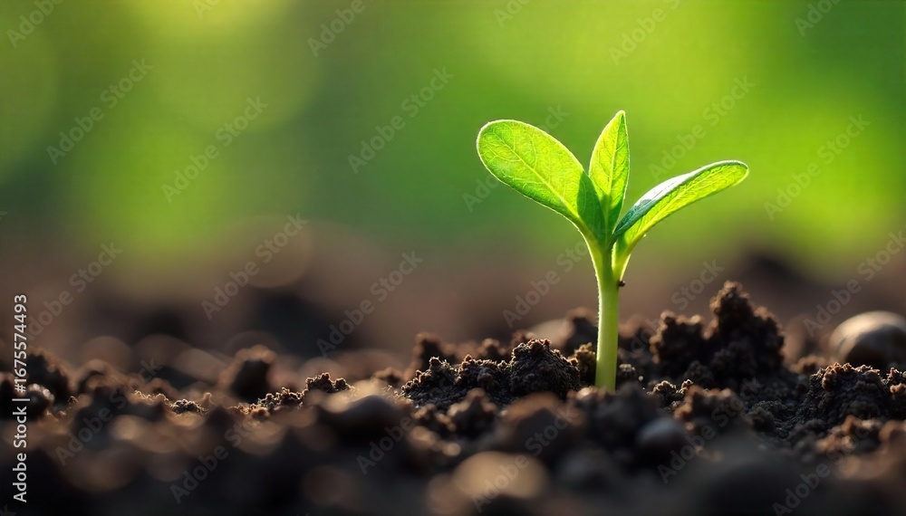 Fototapeta premium Close-up of a tiny green seedling emerging from rich soil, delicate leaves unfurling in sunlight New life, growth, springtime, nature's rebirth captured in detail , healthy, texture, macro