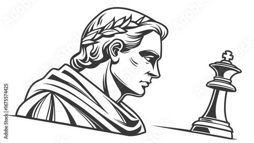 Ancient roman emperor wearing laurel wreath contemplating a chess king piece symbolizing strategy and victory