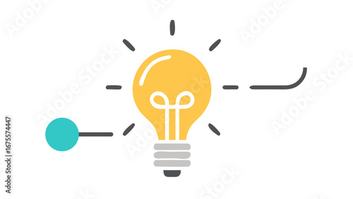 Bright idea concept with a glowing yellow light bulb connected to a turquoise circle via a dashed line on a black background