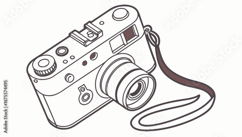 Stylized line art illustration of a classic rangefinder camera with a brown strap against a white background