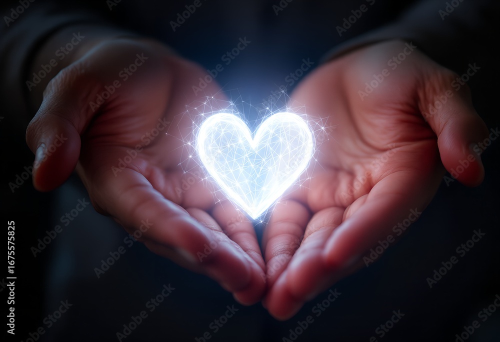 Obraz premium A luminous digital heart glows brightly in cupped hands, symbolizing love, charity, technology, and compassionate giving in the modern world