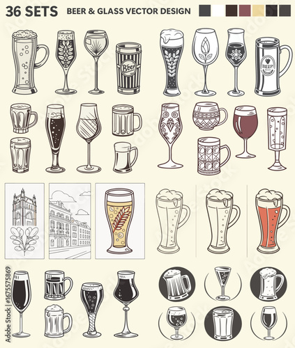 Pub Drink & Glassware Illustration Pack, Craft Beer & Glass Icon Collection, Foamy Beer Mug Vector Design Set