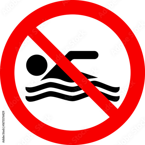 No swimming prohibition sign with red circle and diagonal line over swimmer icon in water, safety warning regulation vector illustration
