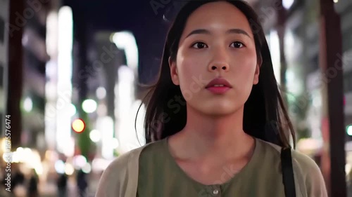 Young woman walking confidently through a vibrant city street at night, illuminated by neon lights