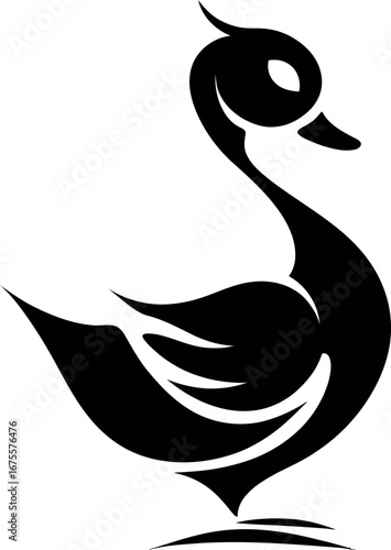Duck silhouette standing side view, elegant wild bird vector illustration, detailed feather design, waterfowl animal artwork for logo, print, and tattoo