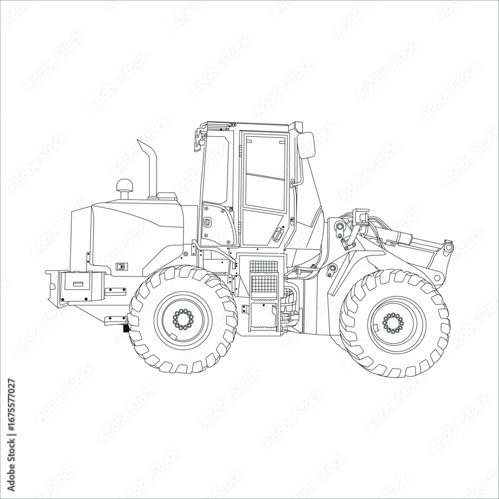Naklejka premium Tractor line art illustration, Vector line art, Vector drawing of the tractor. The drawing is inspired by a real machine. All lines in the drawing can be edited. The background is blank.