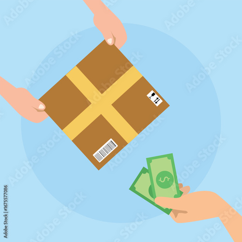 Human hand holds money and pay for the parcel box. cash on delivery  service concept top view. Vector illustration