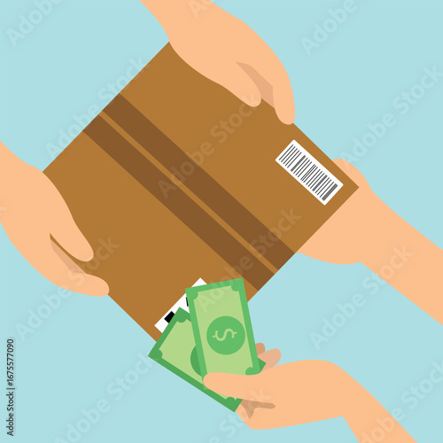 Human hand holds money and pay for the parcel box. cash on delivery  service concept top view. Vector illustration