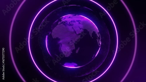 Abstract Purple Globe Rotating with Concentric Neon Rings in Dark Background For Global Communication and Technology Presentation