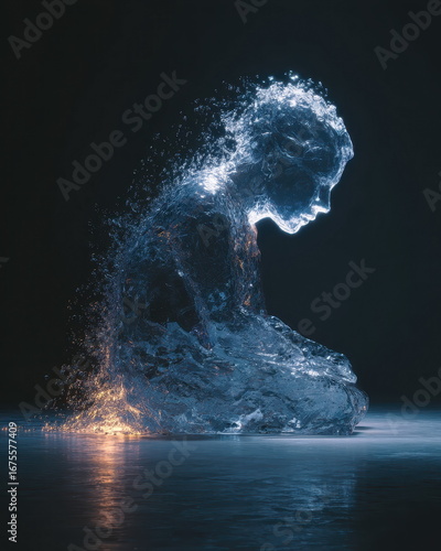 Ethereal water sculpture depicting emotion art gallery digital artwork dark environment side view conceptual expressionism