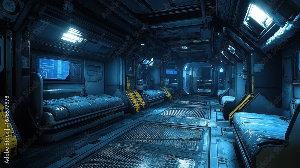 Fototapeta premium Futuristic spaceship corridor with sleeping accommodations.