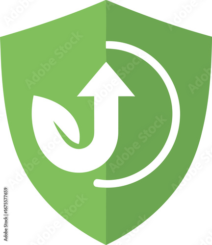 A green shield logo featuring an upward arrow with a leaf element, symbolizing growth and sustainability.