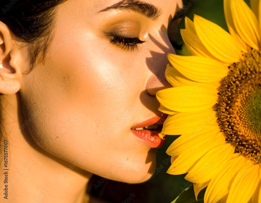 Woman smelling a sunflower