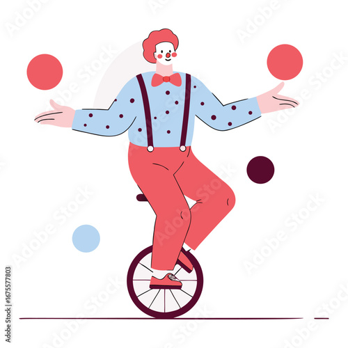 Clown juggling balls on a unicycle