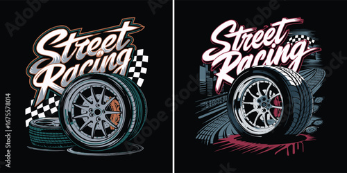 Street Racing tire wheel automotive speed culture illustration with checkered flag and urban style for t shirt design