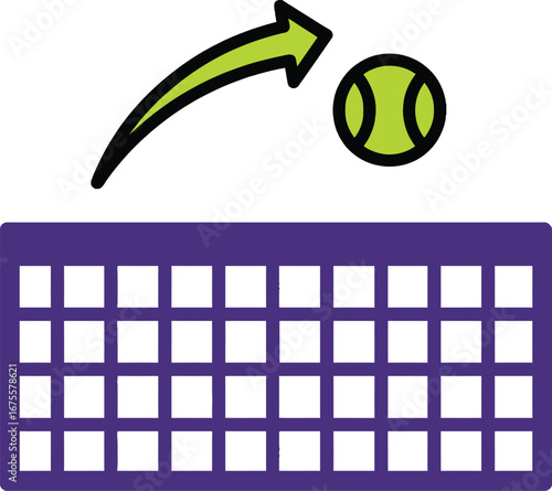 Tennis ball flying over a tennis net, illustrating a serve or shot.