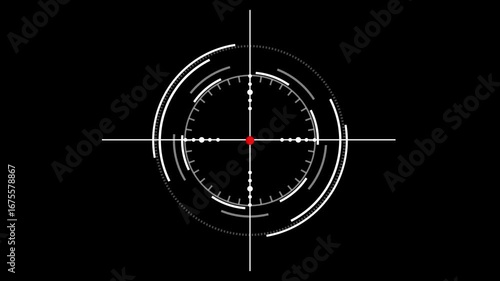 Futuristic Digital H U D Crosshair Targeting System Interface with Red Dot Aiming Reticle and Futuristic U I Elements on Black Background for Sci Fi Action Games and Military Simulations