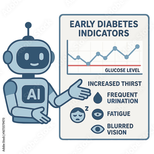 Infographic on early diabetes indicators with cute robot and glucose graph