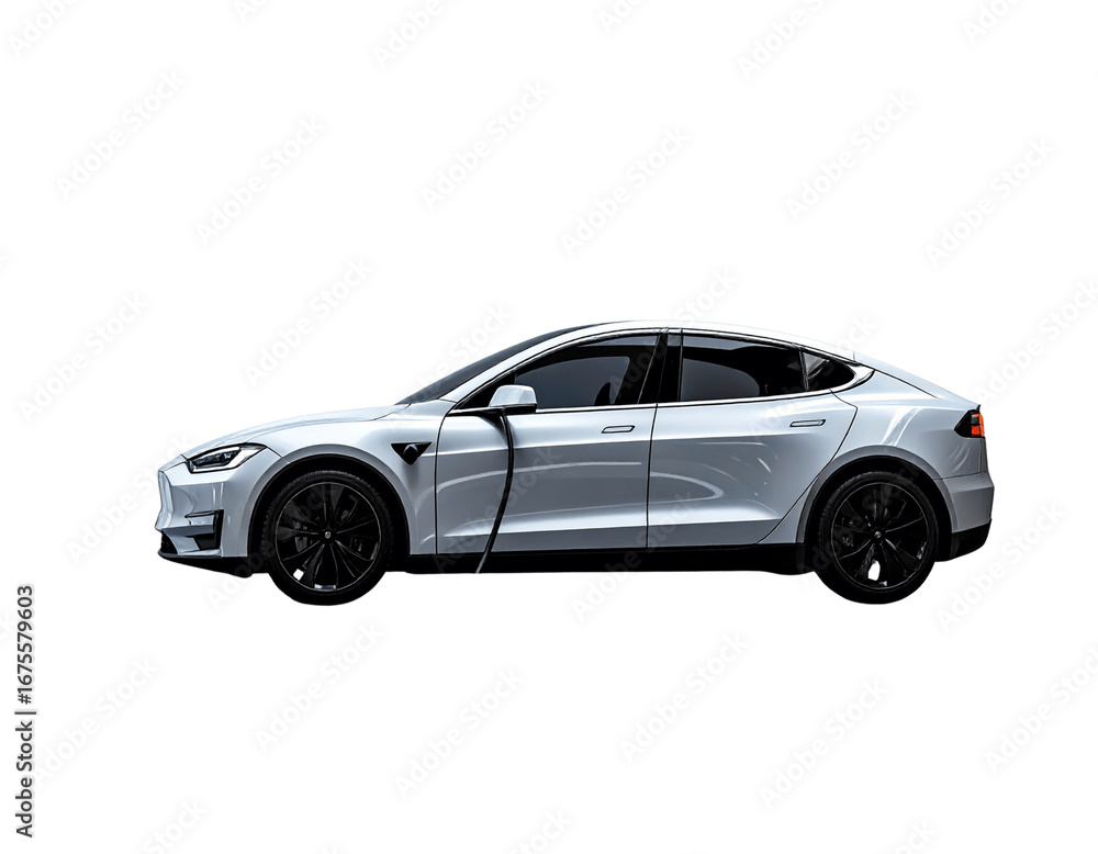 Naklejka premium Side Profile Smart Electric Sedan Charging at Station, Technological Concept, Isolated Transparent Background PNG
