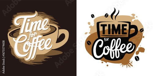 Coffee cup typography emblem set with vintage lettering beans and splash elements for cafe branding and t shirt design