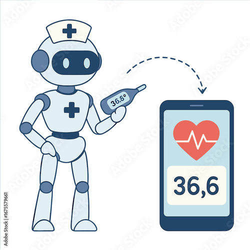 Healthcare robot checking temperature with smartphone monitoring