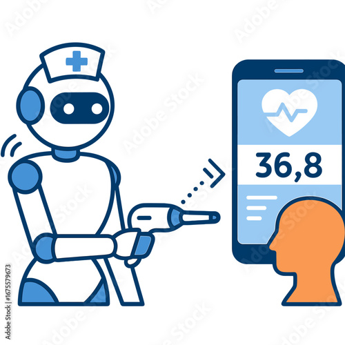 Futuristic healthcare robot checking temperature with smartphone interface