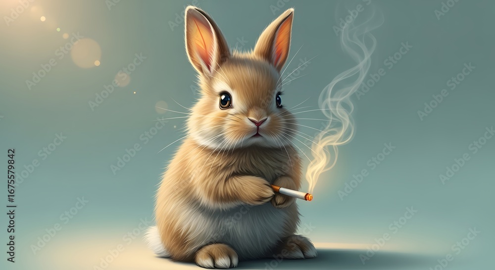 Obraz premium A cute fluffy bunny rabbit sitting and holding a lit cigarette with smoke rising, looking directly at the viewer with a soft, blurred background