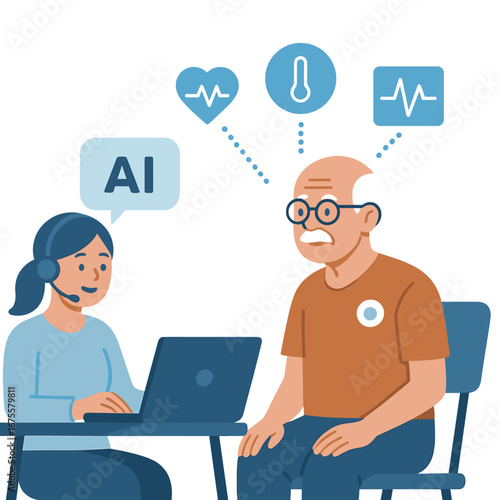 Futuristic healthcare consultation with ai assistant and senior patient