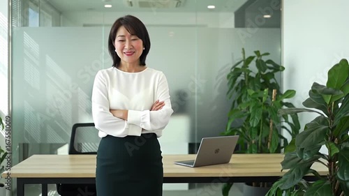 Happy elegant older mature lady posing for portrait standing in office. Beautiful middle aged business woman looking at camera, smiling 45 years old businesswoman leader executive at work