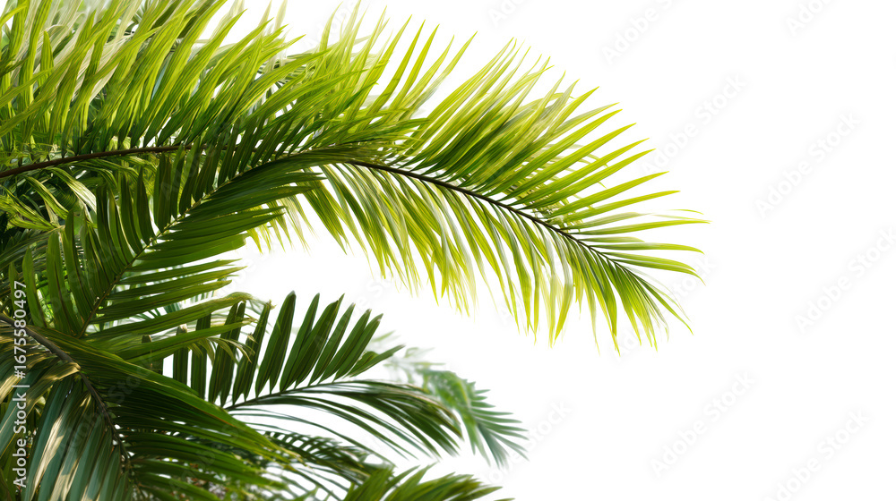 Naklejka premium Close Up of Lush Green Palm Fronds Against a Bright White Sky, cut out transparent