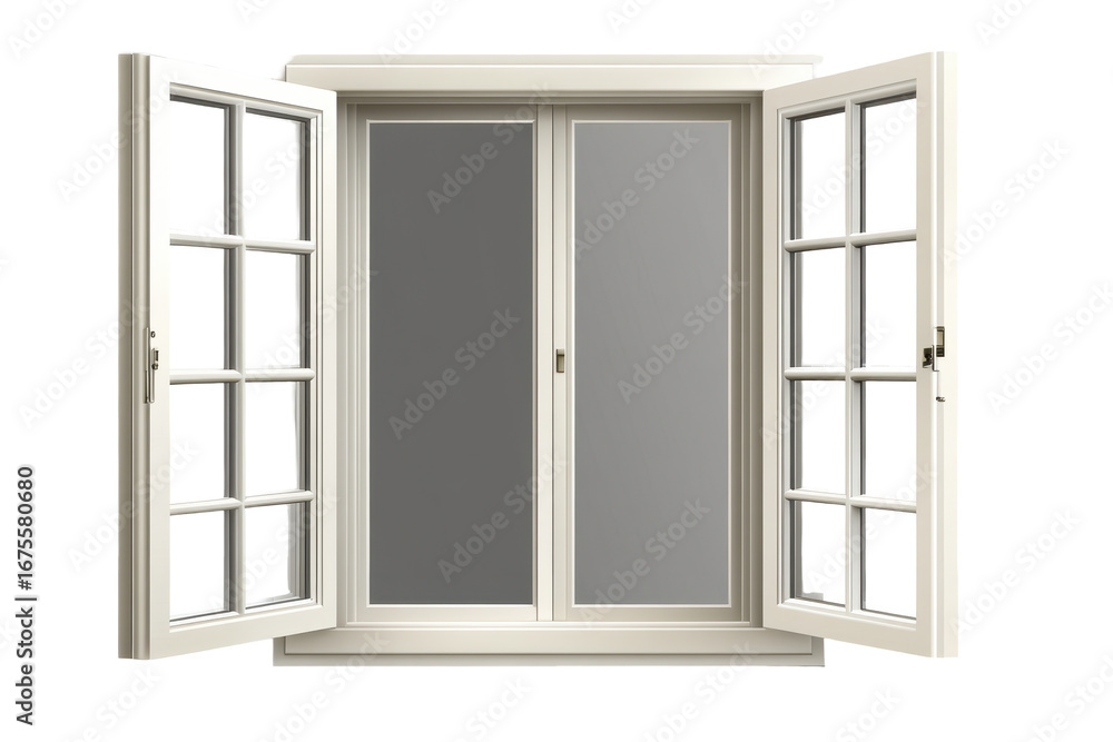 Fototapeta premium Close frame view of an open window featuring white wooden frames and clear glass, inviting natural light and fresh air into an indoor space