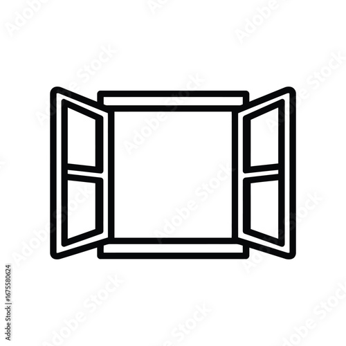 Open window outline featuring two panes on each side offering a view to the outside world in simple style