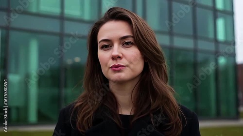 Young woman with brown hair stands confidently outdoors in front of a modern glass building