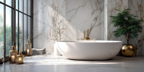Luxurious spa-like bathroom with marble walls and modern freestanding bathtub
