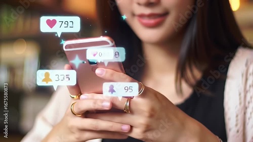 Woman Using Smartphone with Social Media Notifications