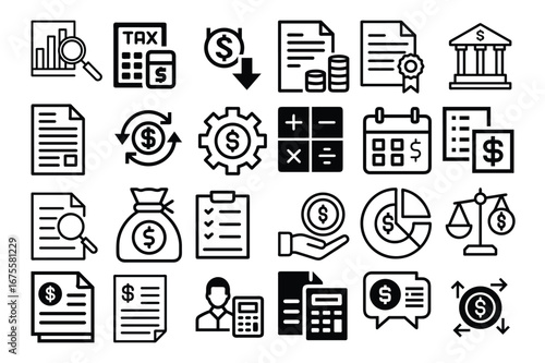 Diverse business and finance icons isolated on white background
