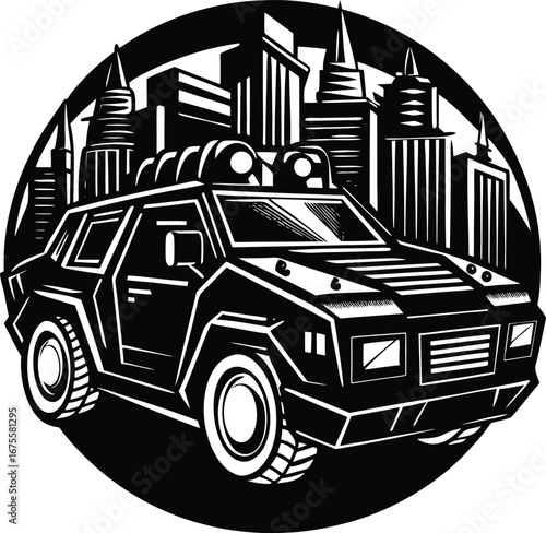 Vector art of stylized black and white illustration of a futuristic police car with flashing lights, set against a backdrop of city skyscrapers within a circular frame
