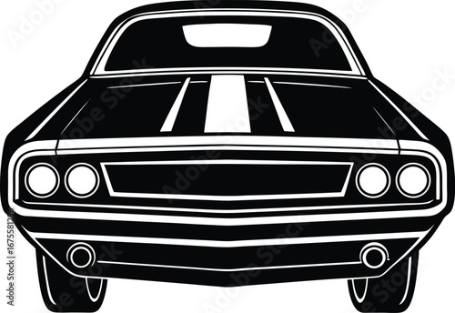 Vector art of front view of a classic black muscle car with white racing stripes, isolated on a
