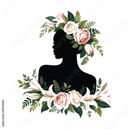 Sophisticated Lady Silhouette Illustration with Floral Crown and Botanical Arrangement Art