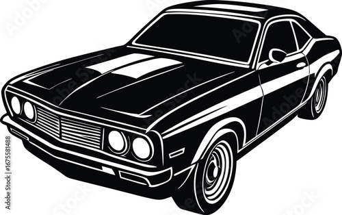 Vector art of angled front view of a classic black muscle car with white racing stripes, presented on a clean