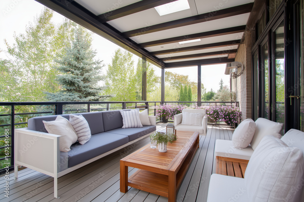Fototapeta premium Modern outdoor patio with stylish furniture and lush greenery creating a serene relaxation space