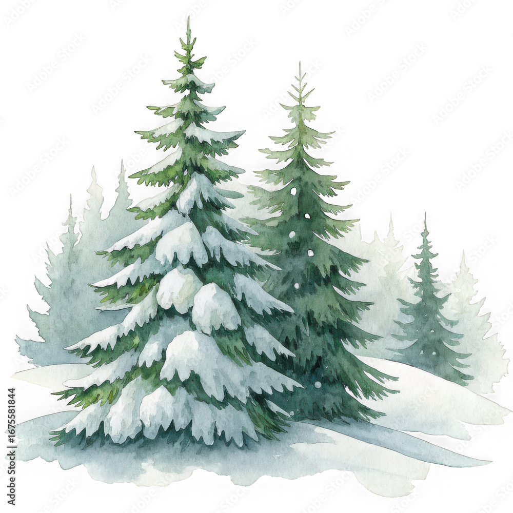 Obraz premium Majestic snowy evergreen trees in a winter forest scene with detailed snow coverage transparent background