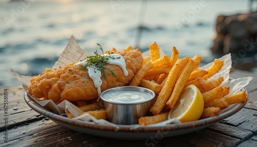A plate of golden, crispy fish and chips, glistening with creamy sauce, rests on a rustic wooden table overlooking a tranquil body of water, creating a delightful seaside meal.