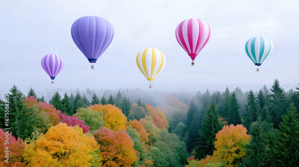 Obraz premium Colorful hot air balloons floating above vibrant autumn forest landscape with misty atmosphere