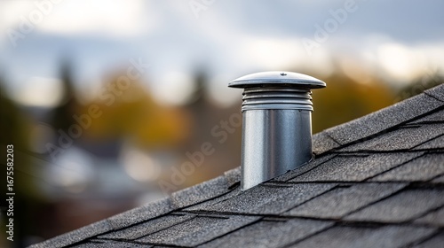 A close-up view of a metallic chimney cap on a shingled roof, set against a blurred autumn sky.