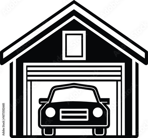 Vector art of simple black and white illustration of a car parked inside an open garage with a rolling shutter door, set against a
