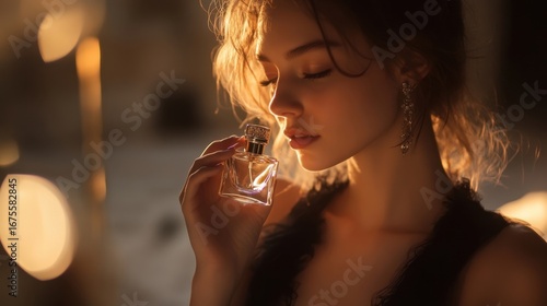 Woman smelling perfume in golden light.
